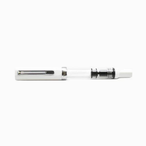 Twsbi Eco White fountain pen with extra-fine steel nib, sleek white body, and gold accents for smooth writing and elegant style.