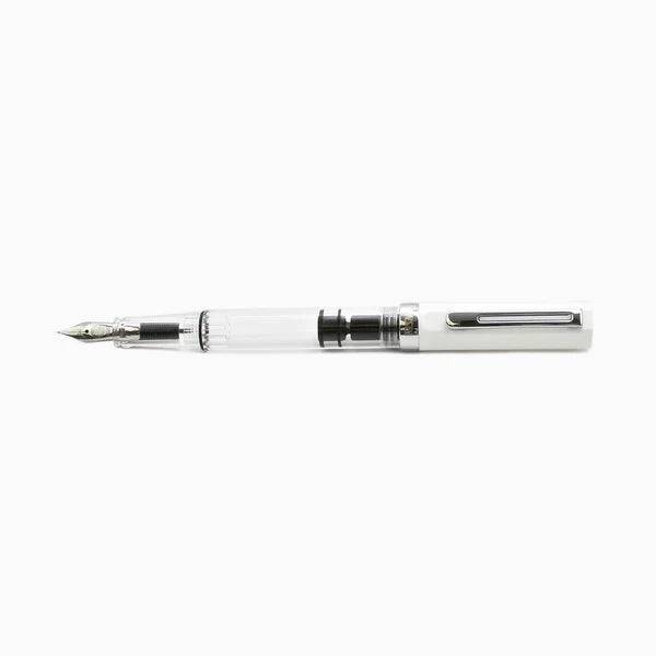 Twsbi Eco White fountain pen with extra-fine steel nib, sleek white body, and silver accents for smooth writing.