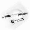 Twsbi Diamond 580AL R black fountain pen with silver accents and fine nib, showcasing sleek design and polished finish.