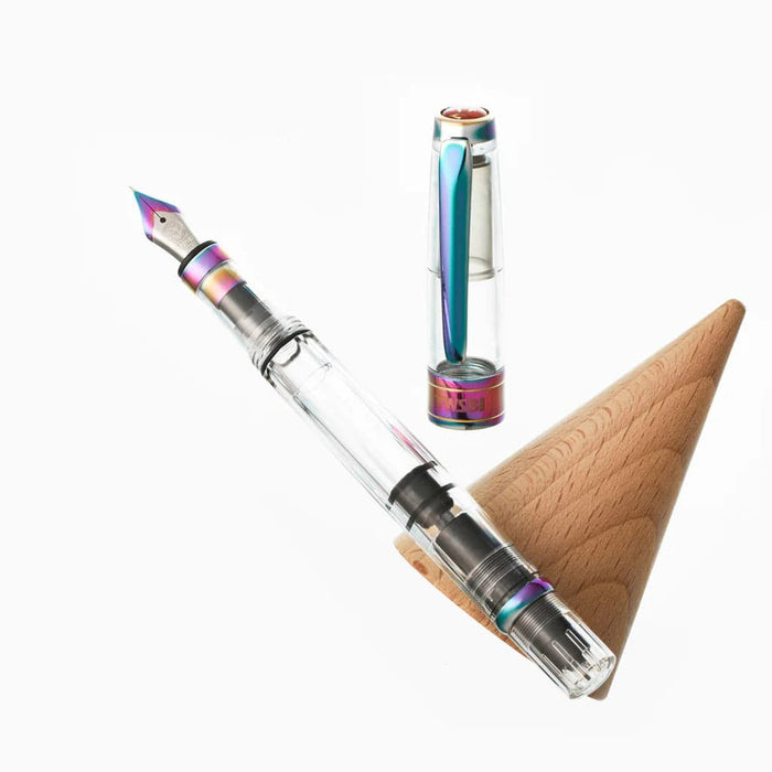 Twsbi Diamond 580 IRIS fountain pen with transparent body and silver accents, featuring an extra-fine nib for smooth writing.