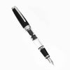 Twsbi Diamond Mini Classic fountain pen with gold accents and black resin body, shown with cap on and fine nib visible.