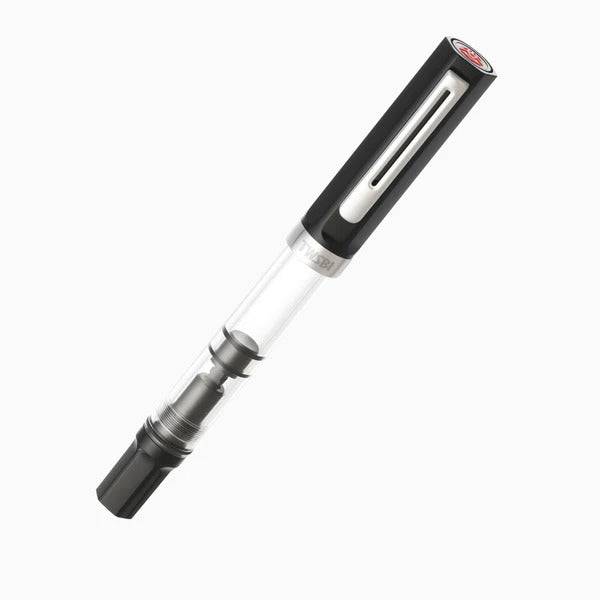 Twsbi Eco Black fountain pen with a sleek black body and fine nib, showcasing its elegant design and smooth writing features.