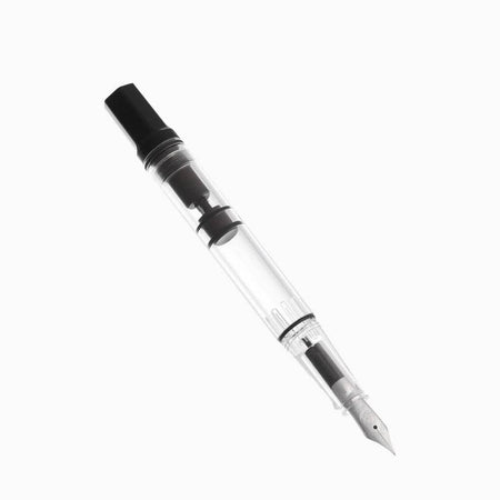 Twsbi Eco Black fountain pen with an elegant black body and fine nib, showcasing its sleek design and premium craftsmanship.
