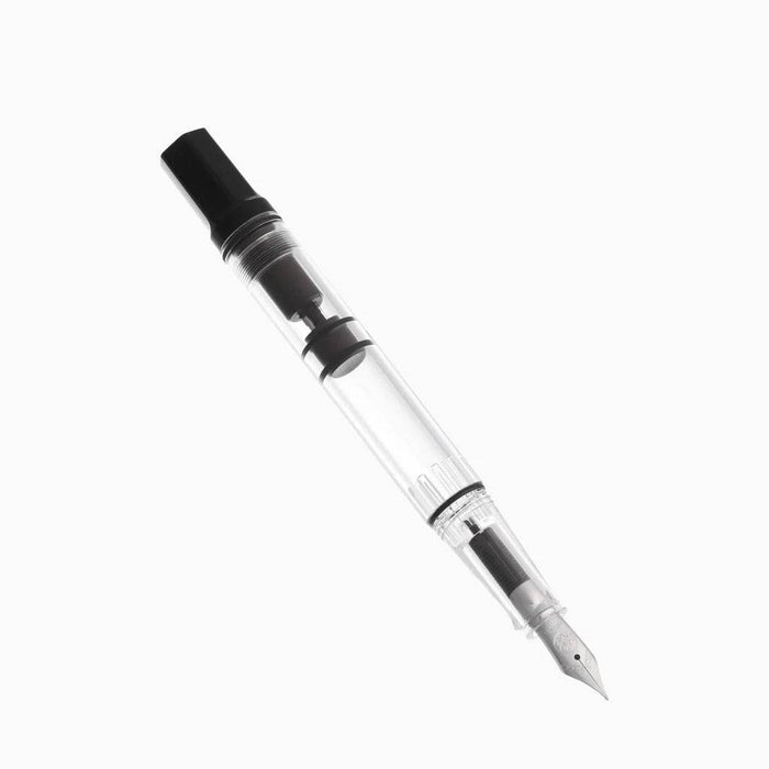 Twsbi Eco Black fountain pen with an elegant black body and fine nib, showcasing its sleek design and premium craftsmanship.