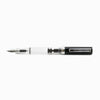 Twsbi Eco Black fountain pen with slim design and fine nib, featuring a sleek black body and silver accents.