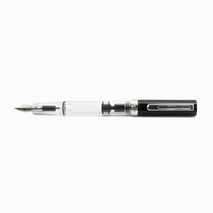 Twsbi Eco Black fountain pen with slim design and fine nib, featuring a sleek black body and silver accents.