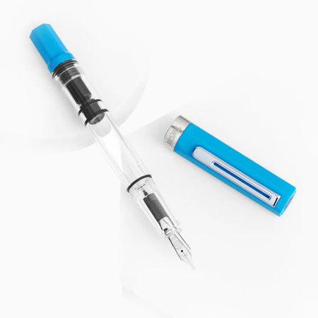 Twsbi Eco Cerulean Blue fountain pen with an extra-fine nib, showcasing its sleek blue barrel and elegant design.