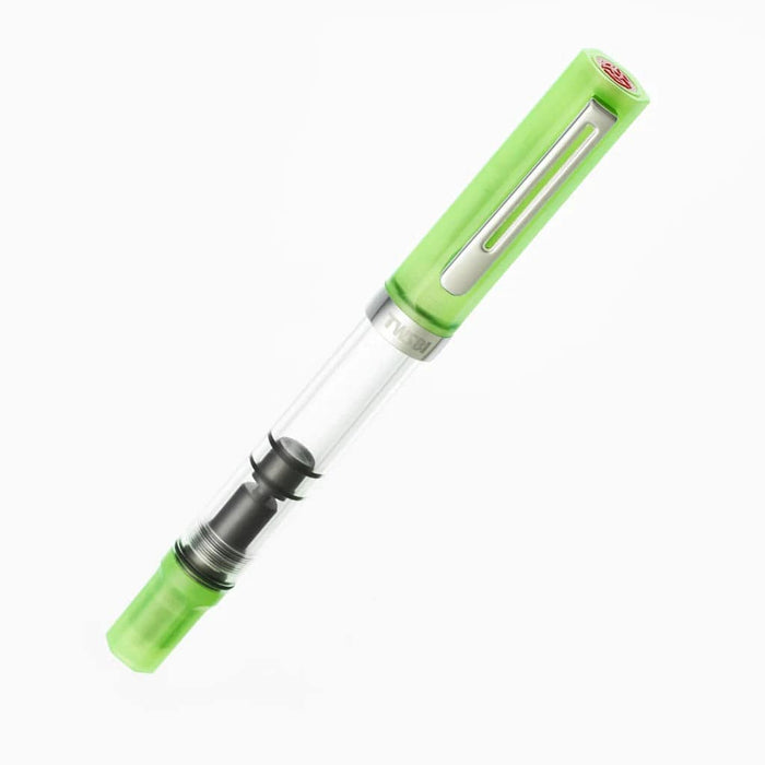 Twsbi Eco Glow Green fountain pen with transparent green barrel and silver accents, featuring an extra-fine nib for smooth writing.