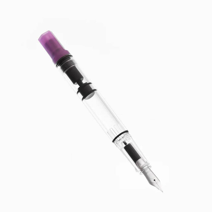 Twsbi Eco Glow Purple fountain pen with a sleek design and fine nib, showcasing its vibrant purple barrel and silver accents.