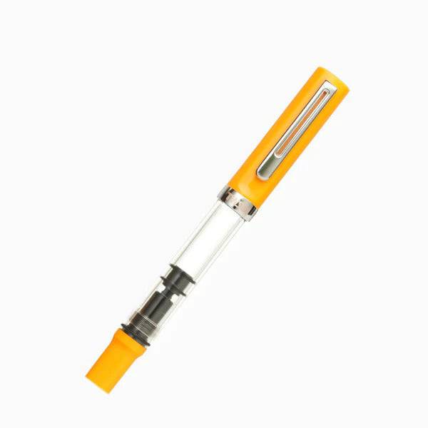 Twsbi Eco-T Saffron fountain pen with an extra-fine nib, featuring vibrant orange-yellow resin body and silver clip.