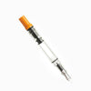 Twsbi Eco-T Saffron fountain pen with gold nib and transparent orange barrel, showcasing its elegant design and fine writing tip.