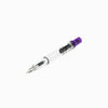 Twsbi Eco transparent purple fountain pen with sleek design and fine nib, showcasing the clear barrel and purple accents.