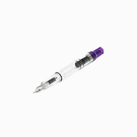 Twsbi Eco transparent purple fountain pen with sleek design and fine nib, showcasing the clear barrel and purple accents.
