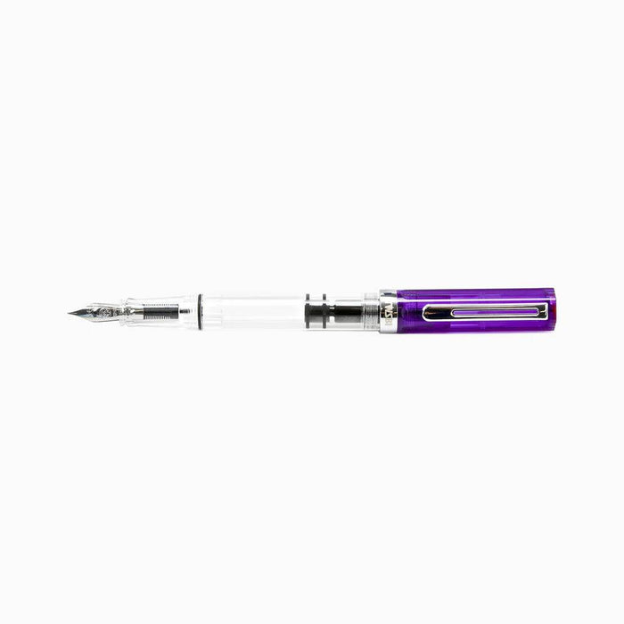 Twsbi Eco transparent purple fountain pen with an extra-fine nib, showcasing the clear purple body and elegant design.
