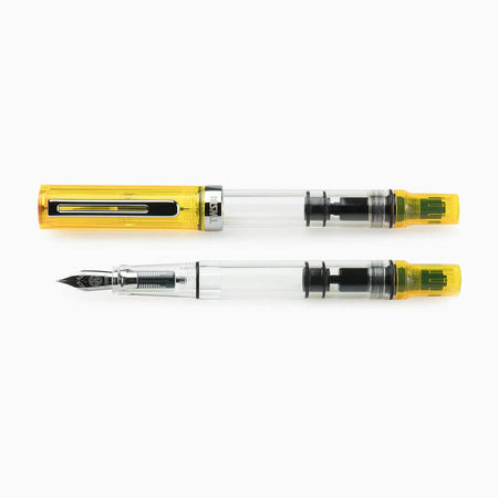 Twsbi Eco Transparent Yellow fountain pen with an extra-fine nib, showcasing its vibrant yellow transparent body and sleek design.