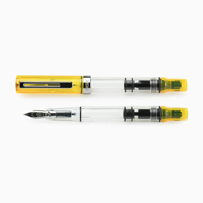 Twsbi Eco Transparent Yellow fountain pen with an extra-fine nib, showcasing its vibrant yellow transparent body and sleek design.