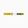 Twsbi Eco transparent yellow fountain pen with fine nib, showcasing clear body and vibrant yellow ink reservoir.