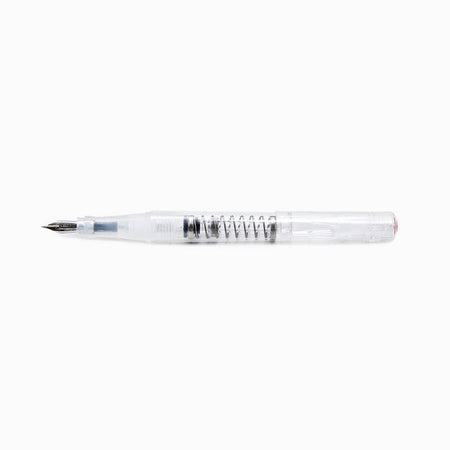 Twsbi Go Clear fountain pen with transparent body and fine nib, showcasing its sleek design and ink reservoir.