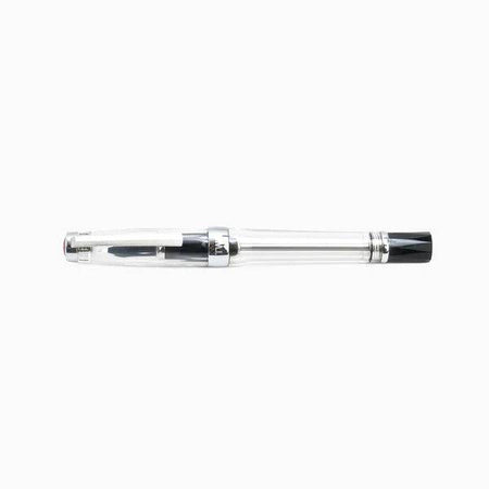 Twsbi VAC700R fountain pen with transparent body and extra-fine nib, showcasing a sleek design and ink reservoir.