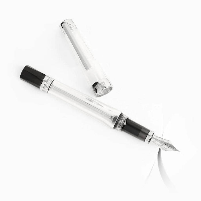 Twsbi VAC700R fountain pen with extra-fine nib, black body and silver accents, displayed on a white background.