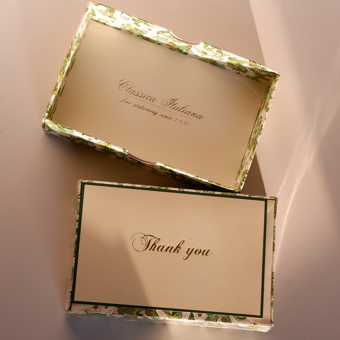 Green Florentine Rossi notecards featuring elegant stationery with intricate floral patterns, ideal for writing and correspondence.