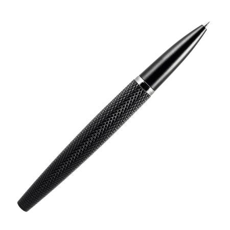 Black Diplomat Viper rollerball pen with sleek design and silver accents, shown resting on a white surface.