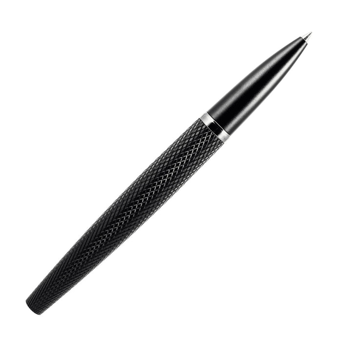 Black Diplomat Viper rollerball pen with sleek design and silver accents, shown resting on a white surface.
