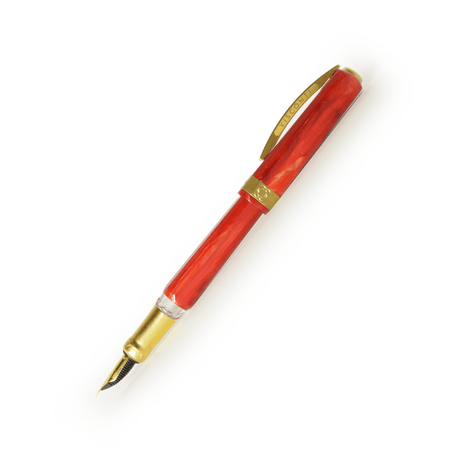 Visconti Opera Gold Red fountain pen with gold accents and red resin body, featuring an extra-fine nib.