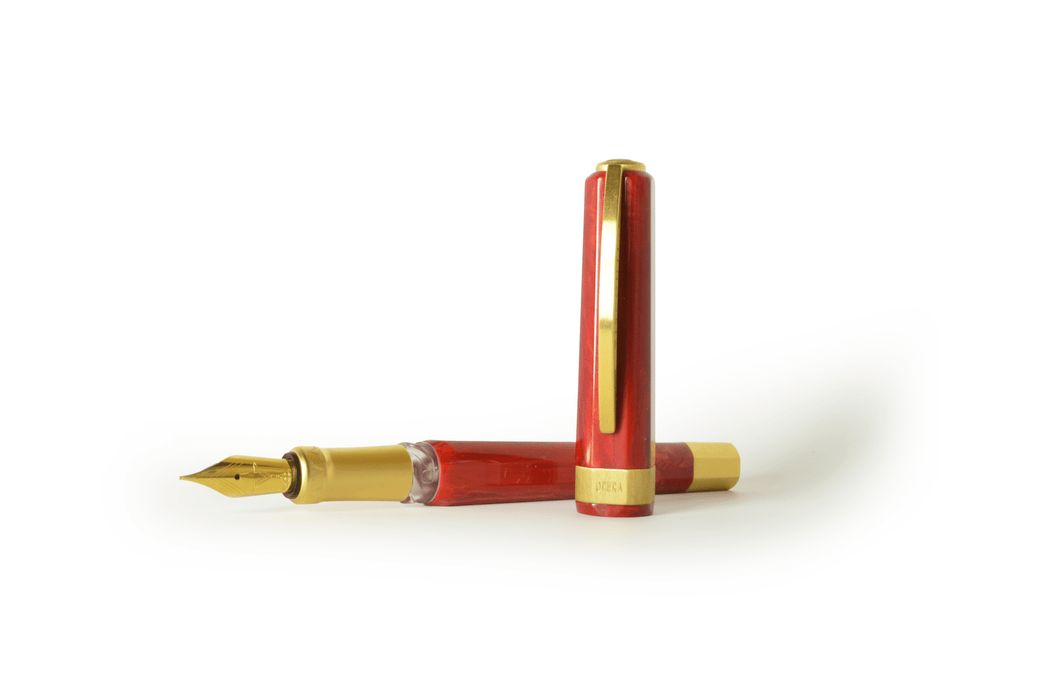Visconti Opera Gold Red fountain pen with gold accents and red lacquer finish, featuring an extra-fine nib.