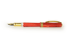 Visconti Opera Gold Red fountain pen with gold accents and red resin body, showcasing a sleek design and fine nib.