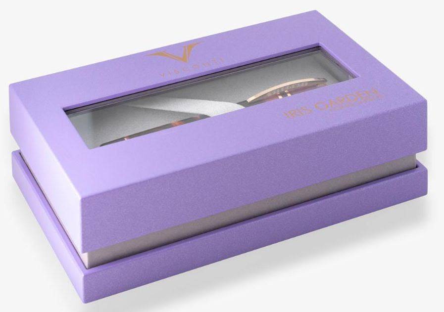 Visconti Homo Sapiens Iris Garden fountain pen with a sleek design and fine nib, showcasing intricate iris-themed detailing.