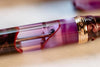 Visconti Homo Sapiens Iris Garden fountain pen with a sleek design and fine nib, showcasing intricate iris garden detailing.