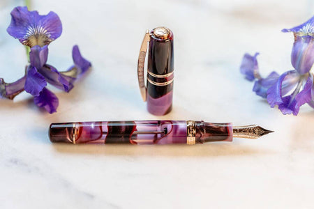 Visconti Homo Sapiens Iris Garden fountain pen with a sleek design and fine nib, showcasing elegant craftsmanship and vibrant detailing.