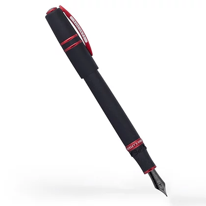 Visconti Homo Sapiens Magma fountain pen with a sleek, fiery red and black resin body and gold accents.