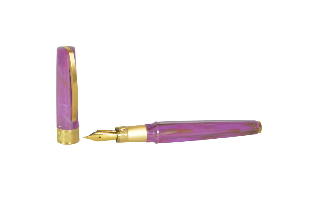 Visconti Mirage Mythos Aphrodite fountain pen with fine nib, featuring intricate design and vibrant colors on the pen body.