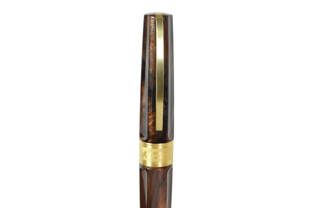 Visconti Mirage Mythos Apollo fountain pen with fine nib, featuring a sleek design and intricate detailing on the barrel.