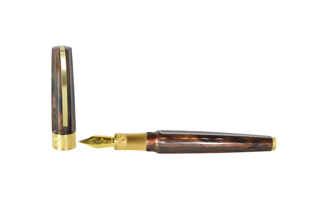 Visconti Mirage Mythos Apollo fountain pen with a fine nib, showcasing elegant design and craftsmanship.