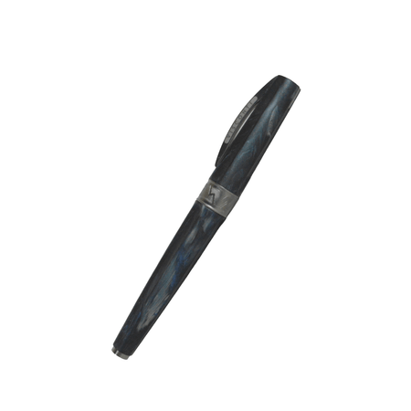Visconti Mirage Mythos Poseidon fountain pen with a fine nib, featuring intricate blue and gold detailing on the pen body.