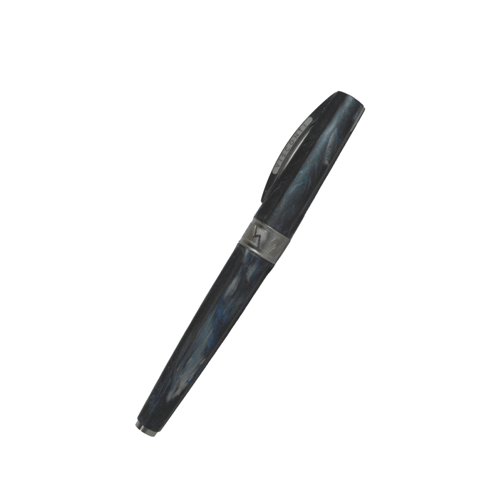 Visconti Mirage Mythos Poseidon fountain pen with a fine nib, featuring intricate blue and gold detailing on the pen body.