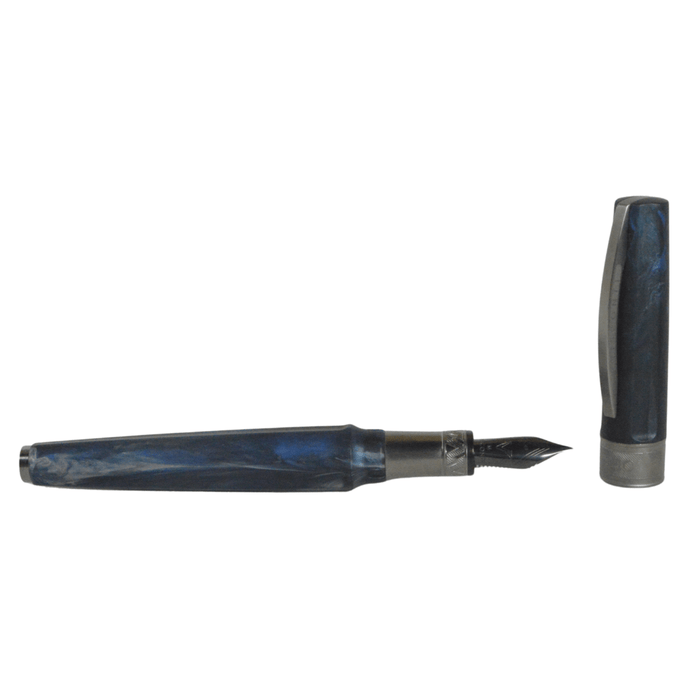 Visconti Mirage Mythos Poseidon fountain pen with fine nib, featuring intricate ocean-inspired design and blue accents.