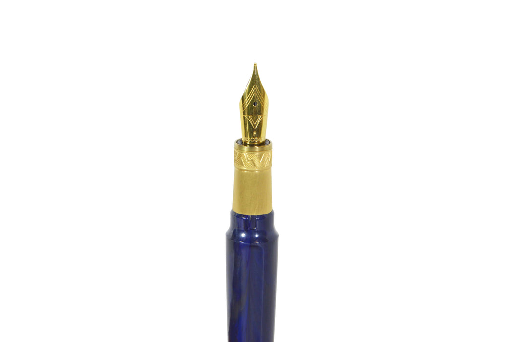 Visconti Mirage Mythos Zeus fountain pen with fine nib, showcasing intricate design and luxurious craftsmanship.