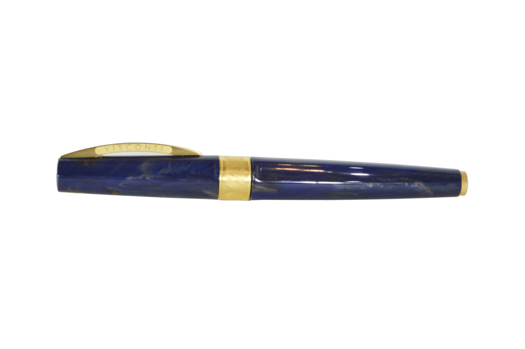 Visconti Mirage Mythos Zeus fountain pen with a fine nib, showcasing intricate design and luxurious detailing in a close-up image.