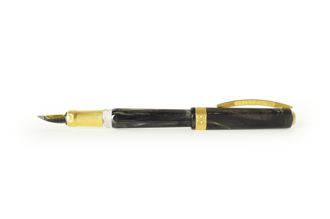 Visconti Opera Gold Black fountain pen with gold accents and black resin barrel, fine nib, luxurious writing instrument
