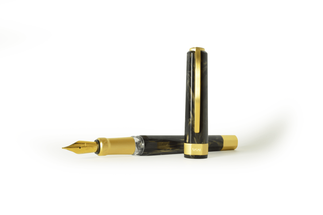 Visconti Opera Gold Black fountain pen with gold accents, fine nib, elegant black and gold design for writing and collection.