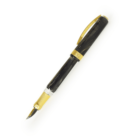 Visconti Opera Gold Black fountain pen with gold accents, fine nib, elegant black resin body, and clip.