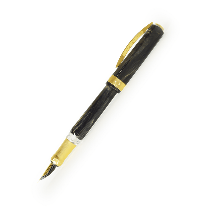 Visconti Opera Gold Black fountain pen with gold accents, fine nib, elegant black resin body, and clip.