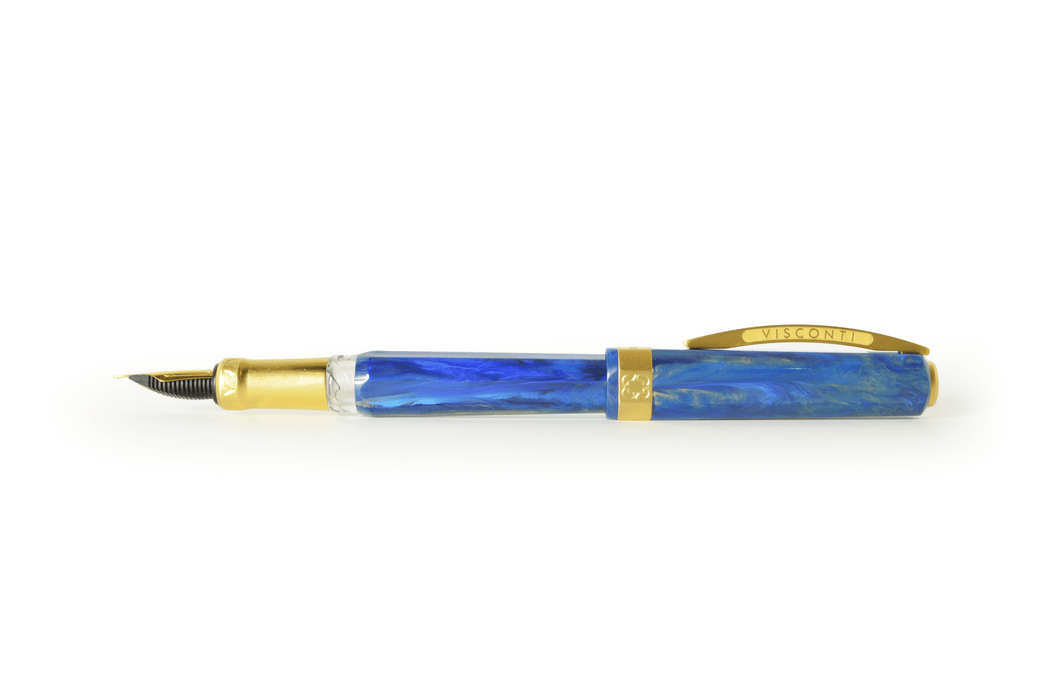 Visconti Opera Gold Blue fountain pen with gold accents and blue resin body, featuring a fine nib for smooth writing.