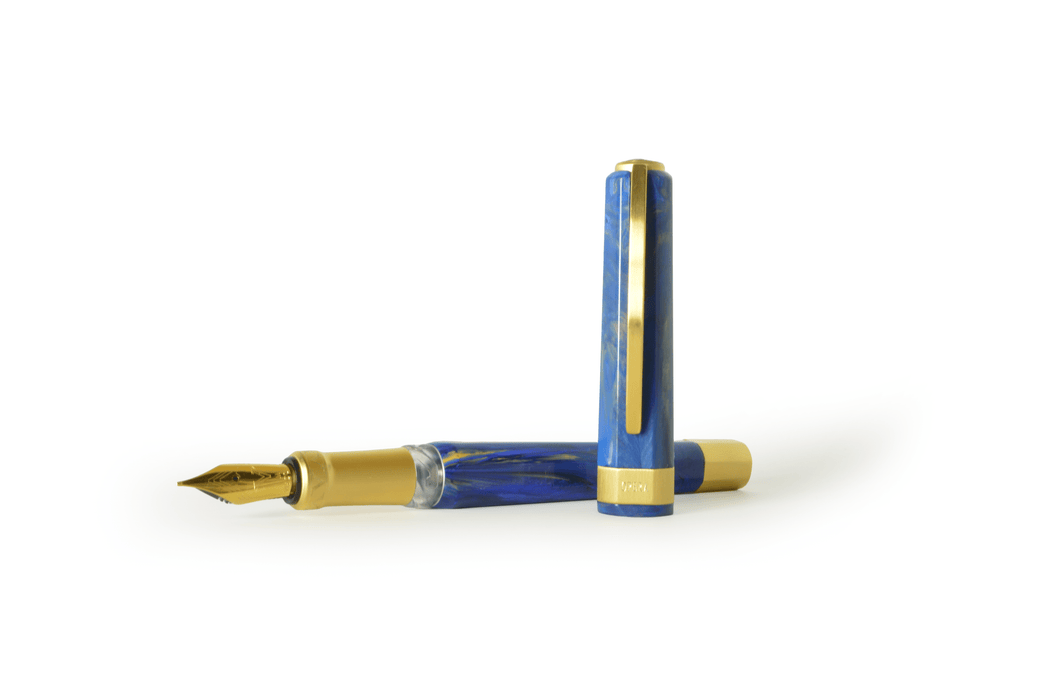Visconti Opera Gold Blue fountain pen with gold accents and blue resin barrel, showcasing elegant writing instrument details.