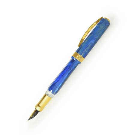 Visconti Opera Gold Blue fountain pen with gold accents and blue resin barrel, fine nib, elegant and luxurious writing instrument.