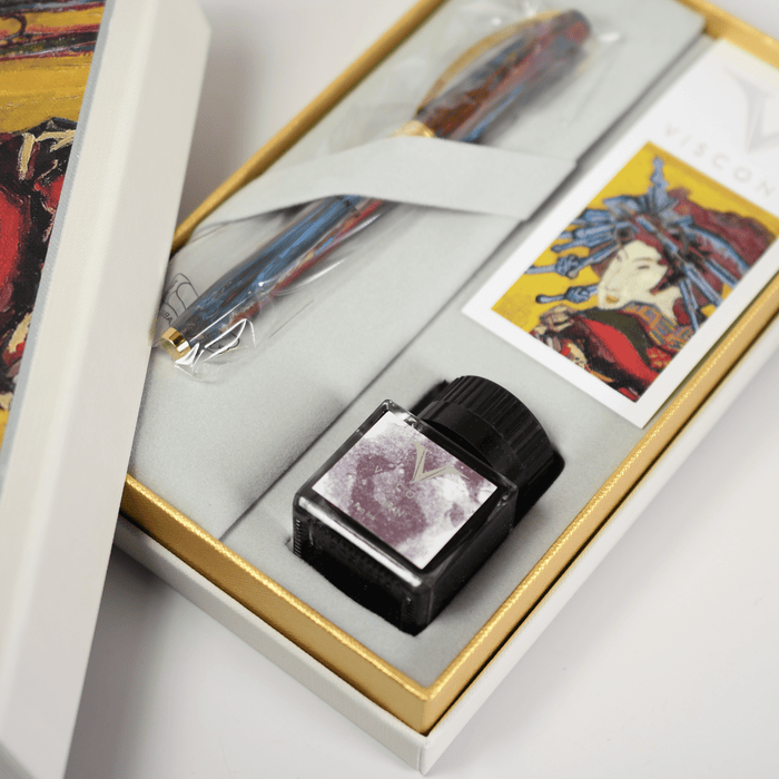 Visconti Van Gogh Oiran fountain pen with fine nib, featuring intricate Japanese-inspired design and colorful artwork.